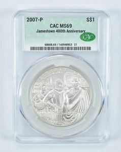 2007-P Jamestown Commemorative Silver Dollar MS69 CAC CACg *6151 - Picture 1 of 5