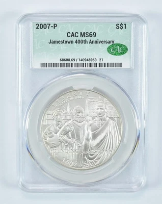 2007-P Jamestown Commemorative Silver Dollar MS69 CAC CACg *6151 - Image 1 of 4