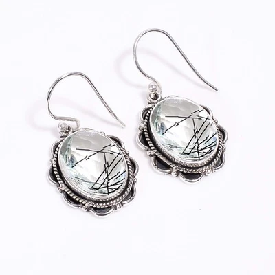 Black Rutilated Quartz Sterling Silver Earring, Christmas Gift, Dangle Earring - Image 1 of 4
