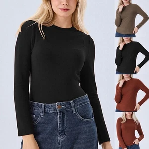 Women Ribbed Fleece Jumper Tops Long Sleeve Slim Crew Neck Jersey T Shirt Blouse - Picture 1 of 26