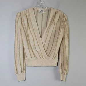 Vintage 70s Ami Gold and Cream Striped Wrap Plunge V-Neck Crop Sweater Small - Bild 1 von 7