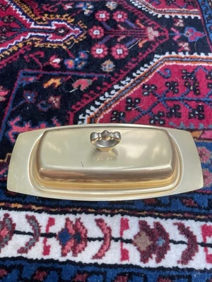 Plato de mantequilla vintage de acero inoxidable Kromex con inserto de vidrio y mango dorado Foto 1 de 4