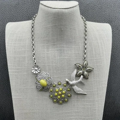 Collar Cookie Lee llamativo para mujer tono plata pájaro flor cabujón amarillo Foto 1 de 4
