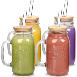 Einmachgläser Becher mit Henkel - Glasbecher mit Deckel und Strohhalmen Trinkglas... - Bild 1 von 7