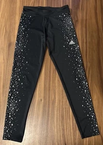 Adidas Glam Leggings M Youth Girls Sparkle Metallic Stars Black Silver Athletic - Picture 1 of 17