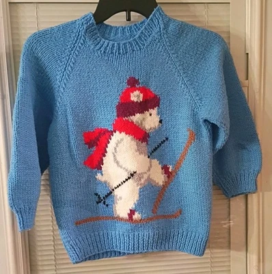 Suéter Cárdigan Azul Tejido Hecho a Mano De Colección con Oso Polar Esquí Foto 1 de 4