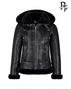 Women's Genuine Leather B3 Black Bomber Jacket Hooded Shearling Aviator Coat - Picture 1 of 6