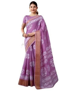 Purple Cotton Printed Saree Party Wear Indian Pakistani Designer Sari - Picture 1 of 7