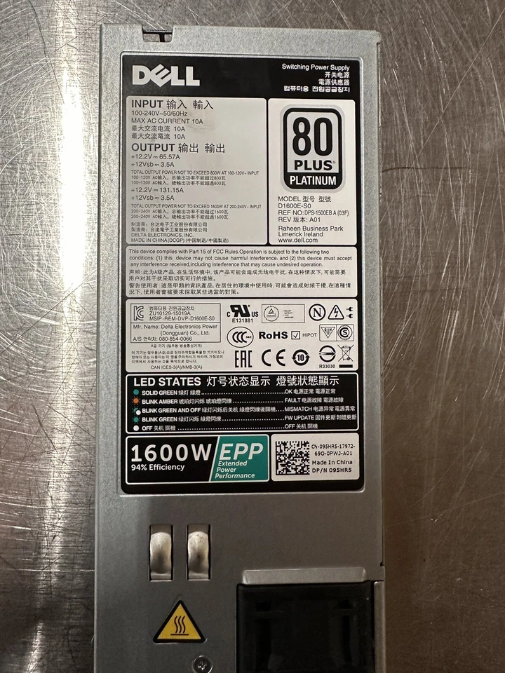Dell D1600e-s0 1600w Watt 80 Plus Platinum Power Supply for POWEREDGE C6420 - Image 1 of 1