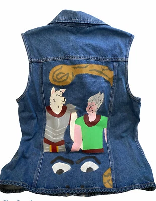 OOAK Nordstrom Jean Denim Vest Hand Painted Dog Man Cartoon Comic Fantasy Small - Image 1 of 4
