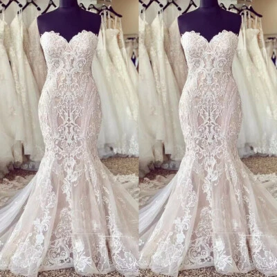 Champagne Mermaid Wedding Dresses Strapless Appliques Sweep Train Bridal Gowns - Image 1 of 4