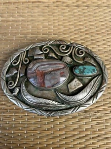 Vintage Navajo Silber Türkis & Achat Gürtelschnalle Feder Grob - Bild 1 von 5