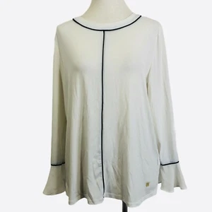 Anne Klein Blouse S White Navy Blue Piping Ruffle Sleeve Pullover Tunic - Picture 1 of 11