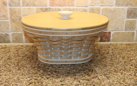 Longaberger Washed Linen Oval Bowl Basket Wood Lid & Protector Neutral Colors Cover