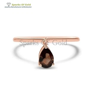 Smokey Quartz Dangling Charm Ring 14k Solid Gold Minimalist Jewelry Gift For Mom - Picture 1 of 6