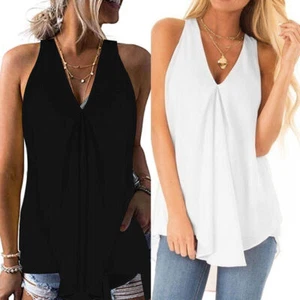 Womens V Neck Vest Sleeveless Ladies Long Stretch Plain Vest T-Shirt Top 2xl-5xl - Picture 1 of 13