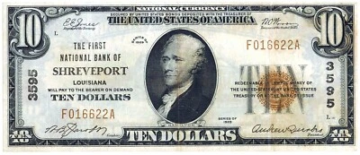 1929 $10 Type 1 Shreveport, LA. National Bank Note ☆☆ Fr#1801 ☆☆ 622A - Image 1 of 2