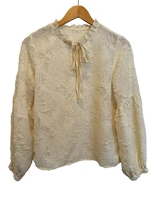 Romantic Tie Neck Blouse Wmns M Frill Distressed Lace Whimsical Beige Fairy - Picture 1 of 20