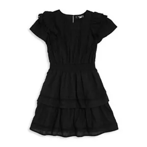 AQUA Tiered Swiss Dot Dress Girls M 9/10 Black Smocked Waist Back Button Keyhole - Picture 1 of 12