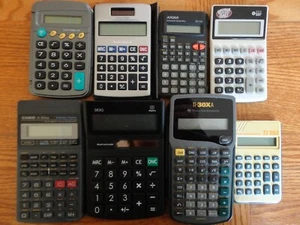 Vintage Lot of 8 TI Casio Radio Shack Advertising Scientific Solar Calculators - Picture 1 of 16