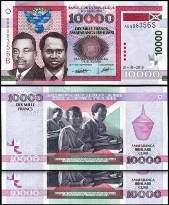 Burundi 10000 Francs 31-10- 2013, UNC, 2 Pcs PAIR, Consecutive, P-49b - Image 1 of 4