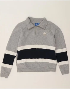 ADIDAS Womens Zip Neck Sweatshirt Jumper UK 12 Medium Grey Striped Cotton AI02 - Picture 1 of 4
