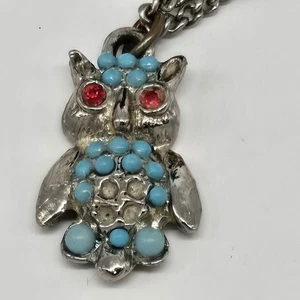 Vtg Rhinestone Eye Owl Silver And Turquoise Toned Necklaces See Details - Picture 1 of 6