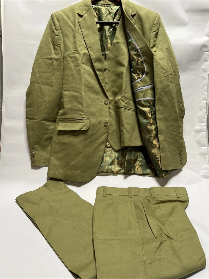 Traje chaqueta, chaleco y pantalón forrado de cachemira verde oliva de 3 piezas para hombre Foto 1 de 4