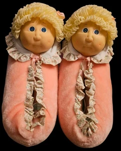 VTG 1984 CABBAGE PATCH KIDS Doll Pink Plush Slippers Women 9/10 Retro Homespun - Picture 1 of 11