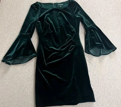 Vestido justo Lauren Ralph Lauren feminino tamanho 0 verde veludo manga esvoaçante  - Imagem 1 de 4