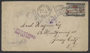 Cubierta de sello de mapa de 1899 Hamilton a Nueva Jersey redirecto a Ottawa DLO tipo 8 bandera - Imagen 1 de 2