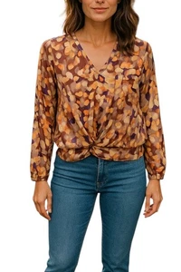Cabi Orange # 4718 V-Neck Crossover Long Sleeve Satin Blouse Twinkle Tuck XS - Picture 1 of 7