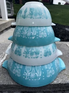 Pyrex Amish Turchese Teal Butterprint Cenerentola Nesting Ciotole di Miscelazione Set di 4 - Foto 1 di 4
