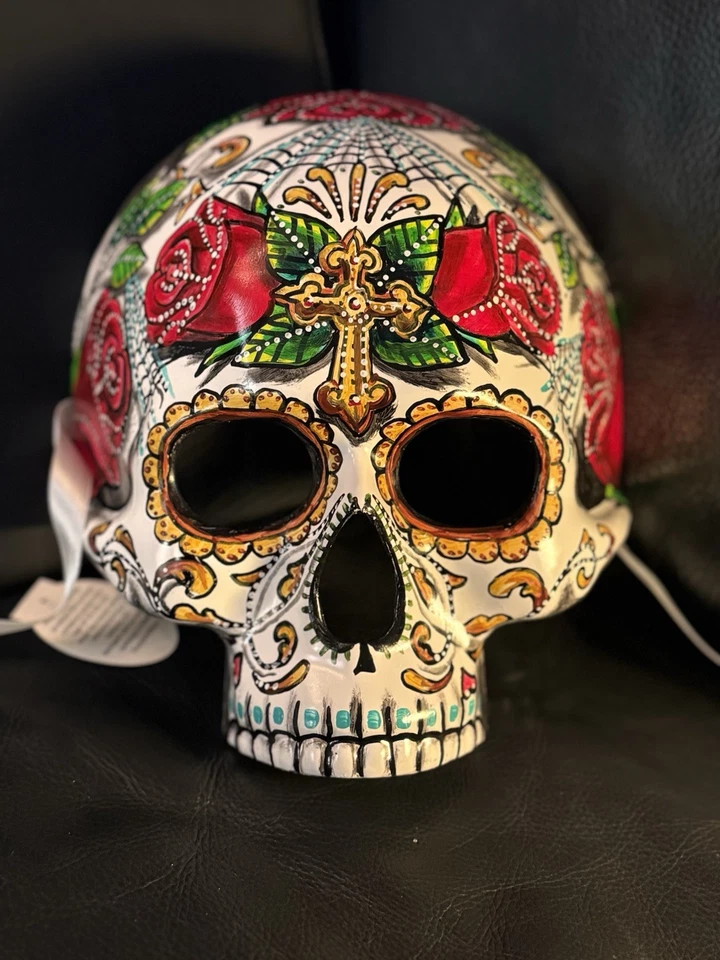 Half Skull Red Day of the Dead Mask Dia de los Muertos Masquerade Hand Painted - Image 1 of 4