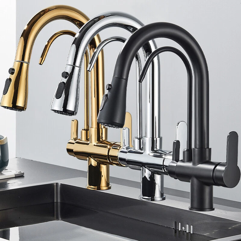 Modern Mono Kitchen Sink Mixer Taps 360° Pull Out Spray Spout Twin Lever 3 Way - Image 1 of 1