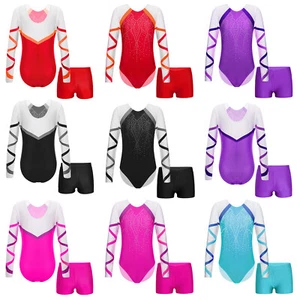 Kids Girls Outfit Performance Set Jumpsuit Suit Gymnastics Round Neck Glittery - Picture 1 of 40
