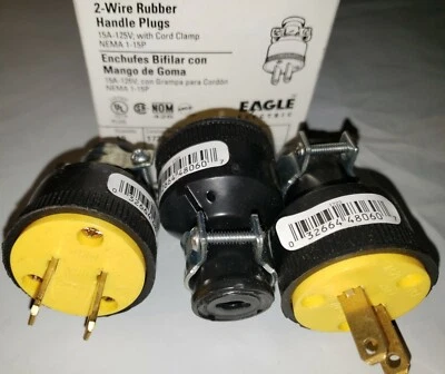 (3) EAGLE Cableado Eléctrico 2 Hilos Mango de Goma Enchufe 15A 125V NEMA 1-15P Lote de 3 Foto 1 de 4
