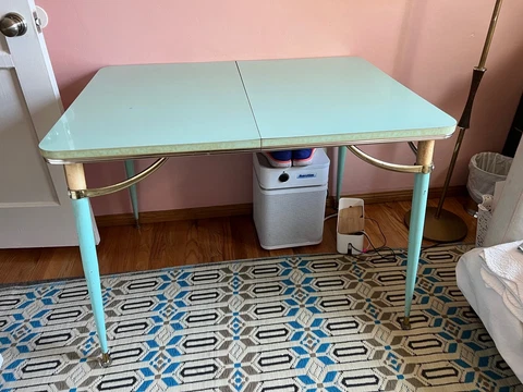 Vintage Atomic Aqua and Gold Table/Desk with Extender Leaves, Great Condition! Cover