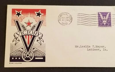 1943 Hampton Iowa To Latimer Iowa Illustrated EE. UU. V For Victory Patriotic Cover Foto 1 de 2