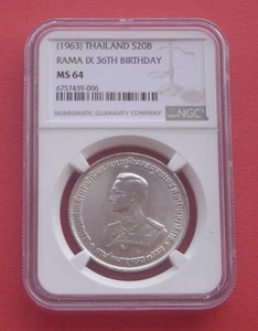 Thailand 1963 36th Anniversary of birth of Rama IX 20 Baht Silver Coin NGC MS64 - Picture 1 of 2