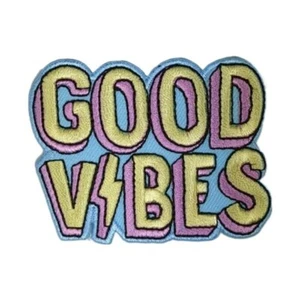 GOOD VIBES Iron on Patch Text Sign Gold Pink Blue Message Vibe 6.5×5×0.1cm(2.3g) - Picture 1 of 2