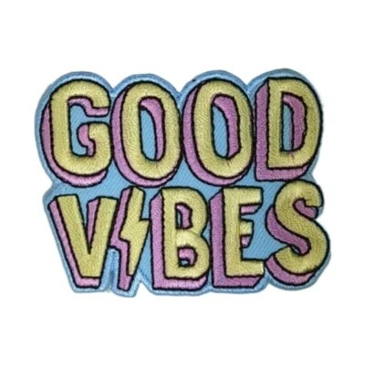 GOOD VIBES Iron on Patch Text Sign Gold Pink Blue Message Vibe 6.5×5×0.1cm(2.3g) - Image 1 of 2