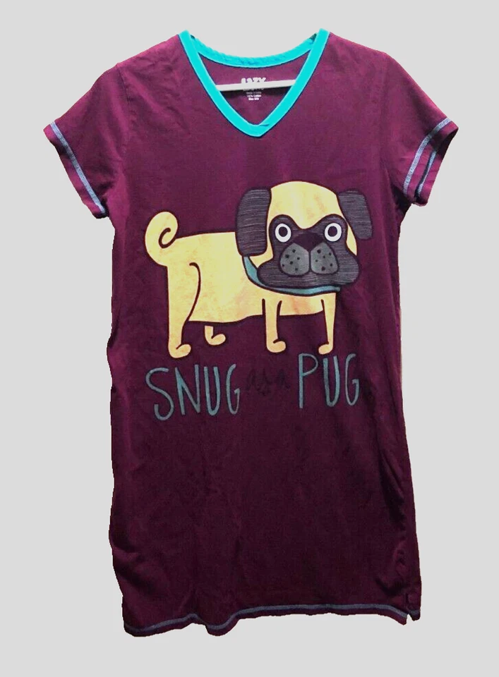 Lazy One Snug Pug Women's Purple Burgundy Long Dog Pajama T-Shirt S - Image 1 of 2