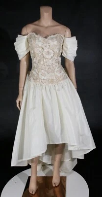 Vestido Victor Costa Vintage Años 80 Marfil Tafetán y Encaje Formal Fiesta Baile de graduación talla 14 Foto 1 de 4