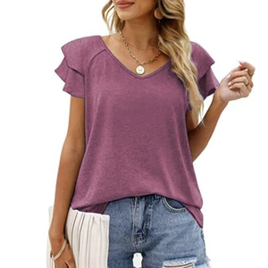 Women's summer solid V-neck double Ruffle sleeve loose top cotton T-shirt - Picture 1 of 10