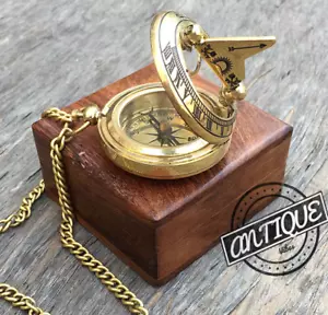 Brújula de cadena de reloj de sol náutico marino brillante de colección en caja de madera Best Gft - Imagen 1 de 8