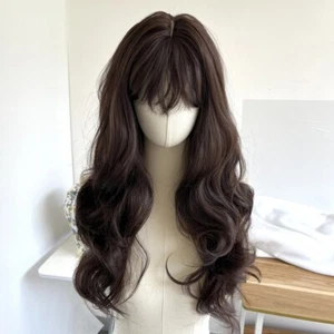 Halloween Long Wavy Dress Up Wigs With Bangs Synthetic Hair Dark brown - Picture 1 of 10