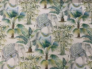 Teal Large Elephants and Palms Linen Fabric 280cm Wide Curtain Blind - Picture 1 of 6