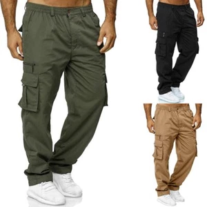 Mens Loose Pockets Pants Casual Baggy Cargo Trousers Elasticated Combat Joggers - Picture 1 of 15