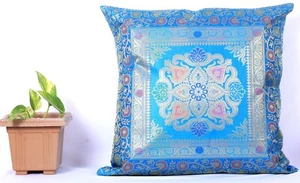 18" Mandala Brocade Silk Handmade Cushion Cover Ethnic Pillow Throw Azure Blue - Picture 1 of 4